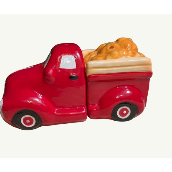 Ceramic Red Truck Salt & Pepper Shaker Set With Pumpkin Load - Picture 1 of 9